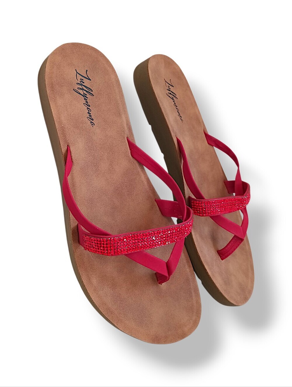 Red Crystal Slide Sandals Soft Suede Flat Strappy Colorful Cute Summer Sparkle 9